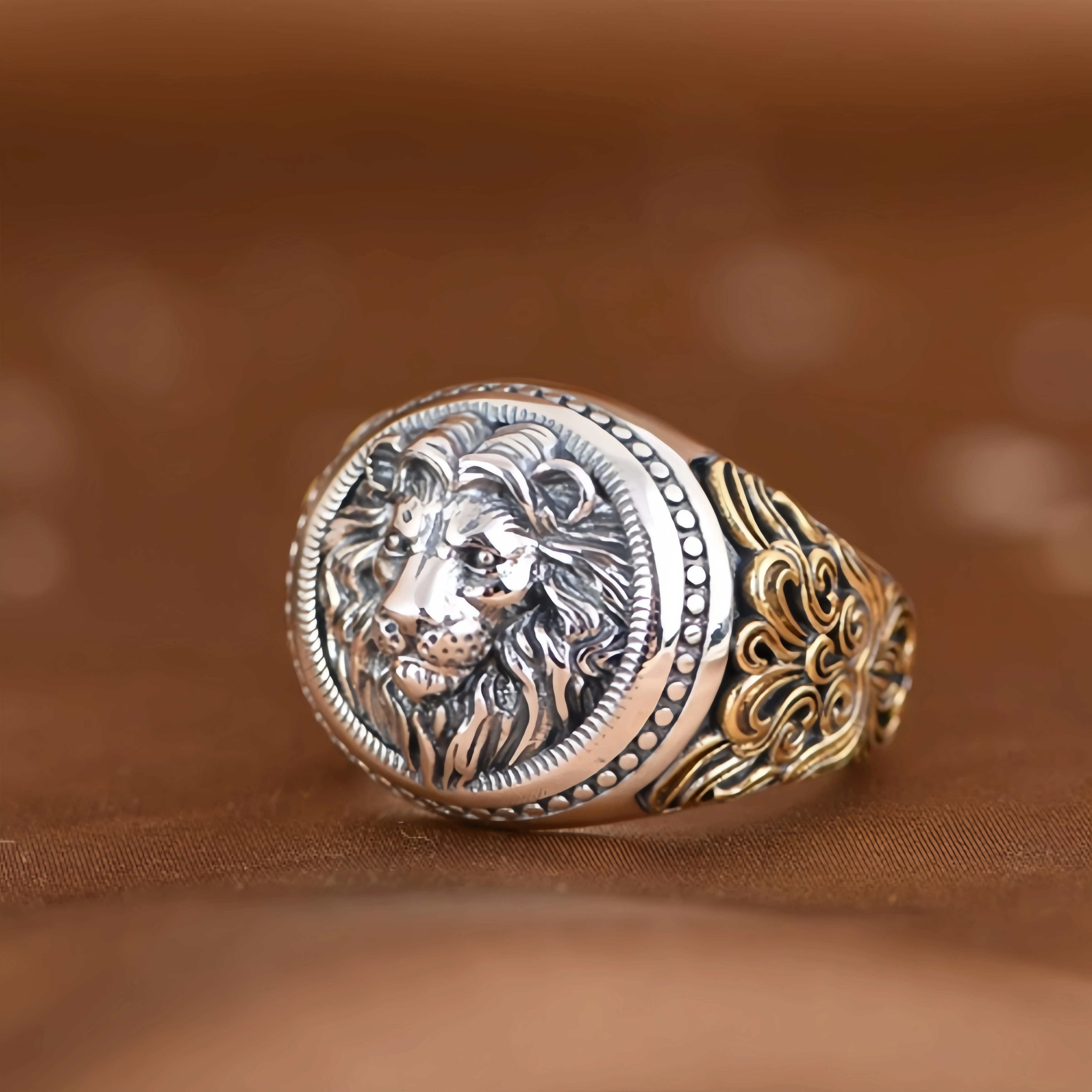 Retro Lion Golden Ivy Vine Adjustable Open Ring For Men Punk Gothic Edgy Silver-plated Jewelry Bikers Accessories Gift for Him