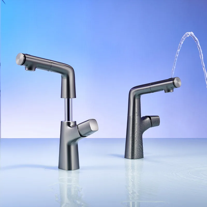 

Регулируемый по высоте смеситель для раковины с выдвижной функцией, поворотный кран для холодной и горячей воды для ванной комнаты