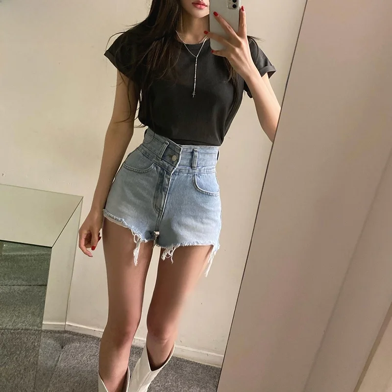 

Korean Sle High Waist Denim orts Women's High Waist Wide Leg Super Slimming Summer Faion Hole Ripped Hot Pants