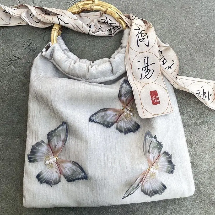 

New 2023 Canvas Bag with Zipper Traditional Chinese Costume Bamboo Node Handheld Bag Women's Daily Use Underarm Bag