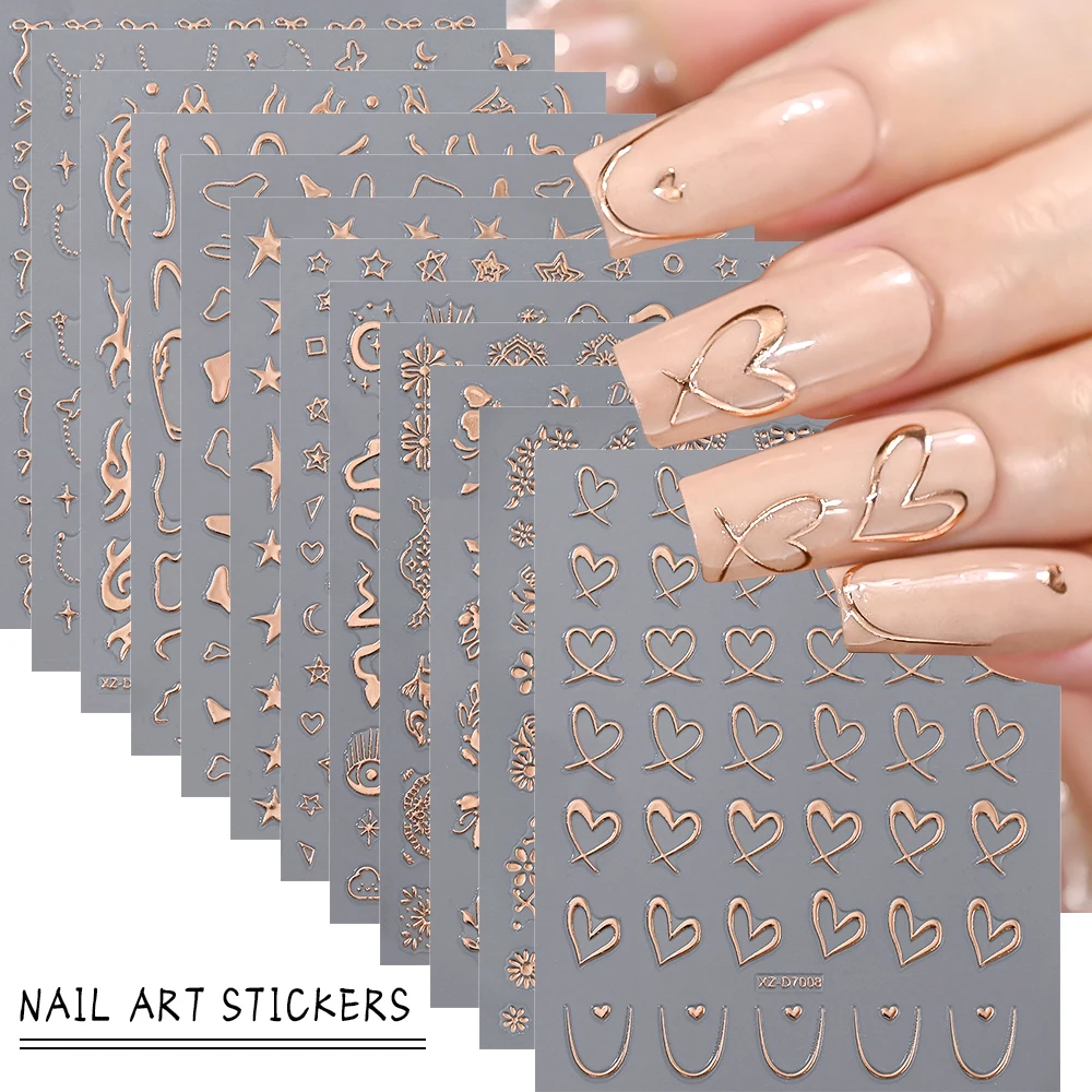 

12Pcs 3D Rose Gold Heart Love Nail Sticker Hot Stamping Flower Star Flame French Lines Nail Art Decals Sliders Manicure Nail Dec