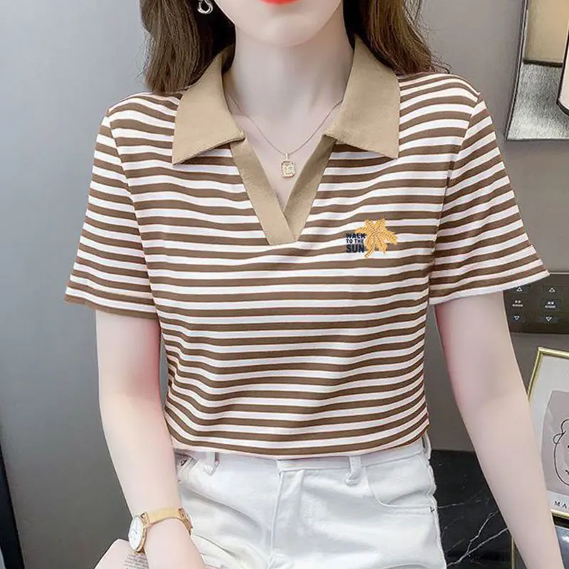 Women's Striped Polo Collar T-Shirt, Short Sleeve T-Shirt, Casual Tops, All-match, Simple, Office Lady, Summer Fashion