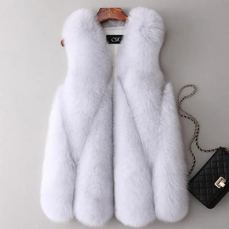 Diamond Faux Fur Coat Vest Women Winter Warm Outercoat Sleeveless Luxury Faux Fox Fur Jacket Female Multicolor Soft V-Neck Fur