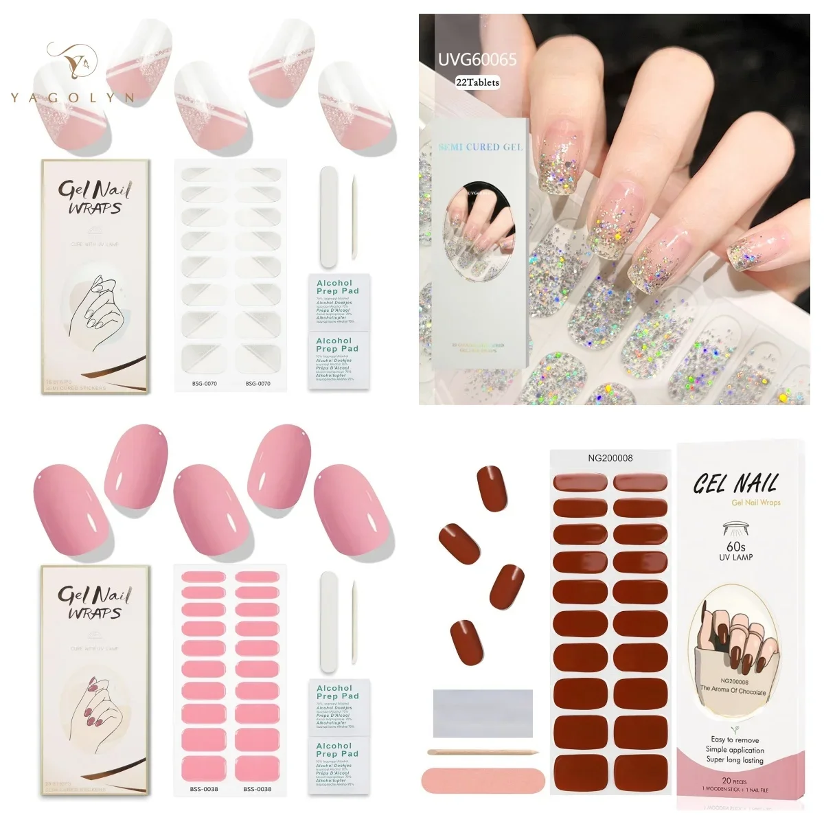 16/20/22 dicas flocos de neve brancos semi-curados gel adesivo de unhas lâmpada uv necessária de longa duração meio torrado produtos de unhas decorações