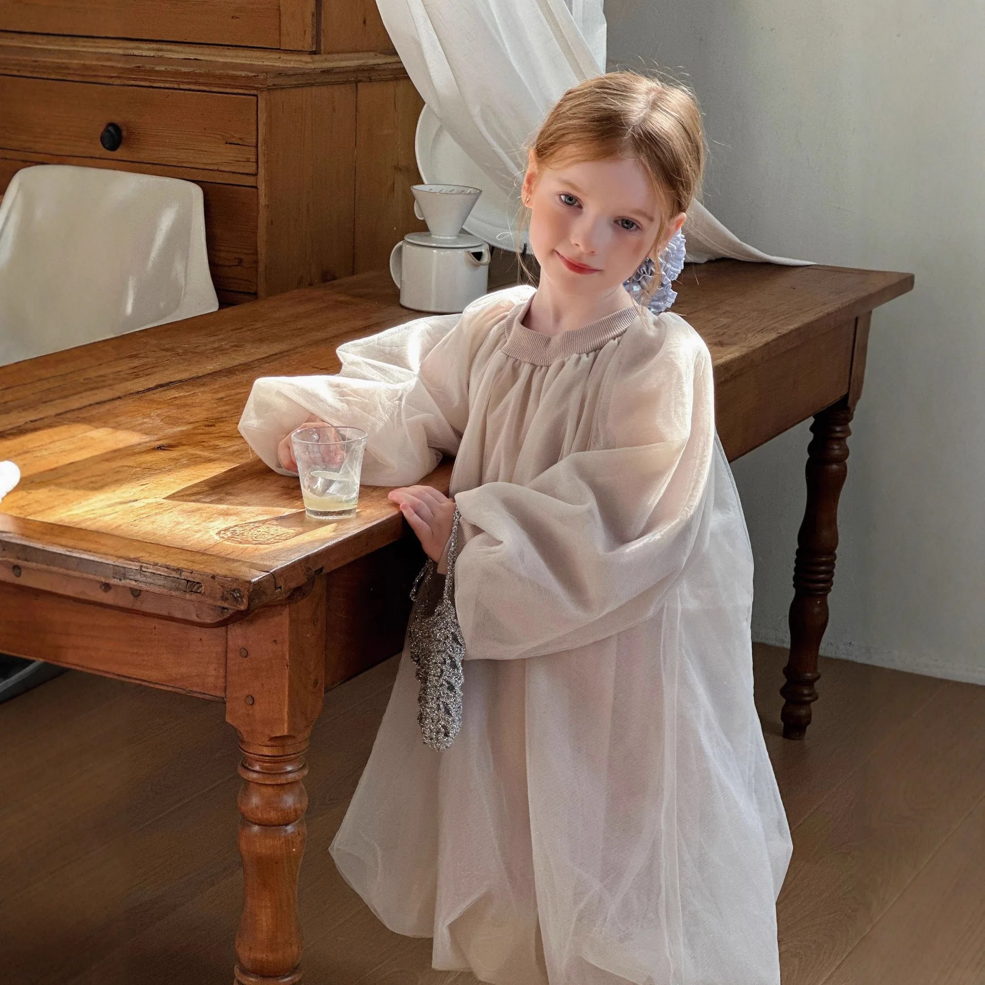 

Children Girls Long Sleeve Dress Autumn New Gauze Bubble Dress For 2-8Y Girl Loose Round Collar Toddler Kids Girl Princess Dress