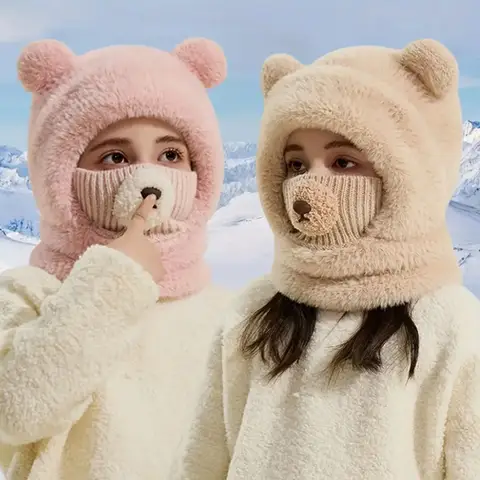 Gorro de invierno para niña con orejeras de felpa y nariz de oso, gorro suave y cálido, cierre a presión ajustable, cara de oso de dibujos animados linda para exteriores