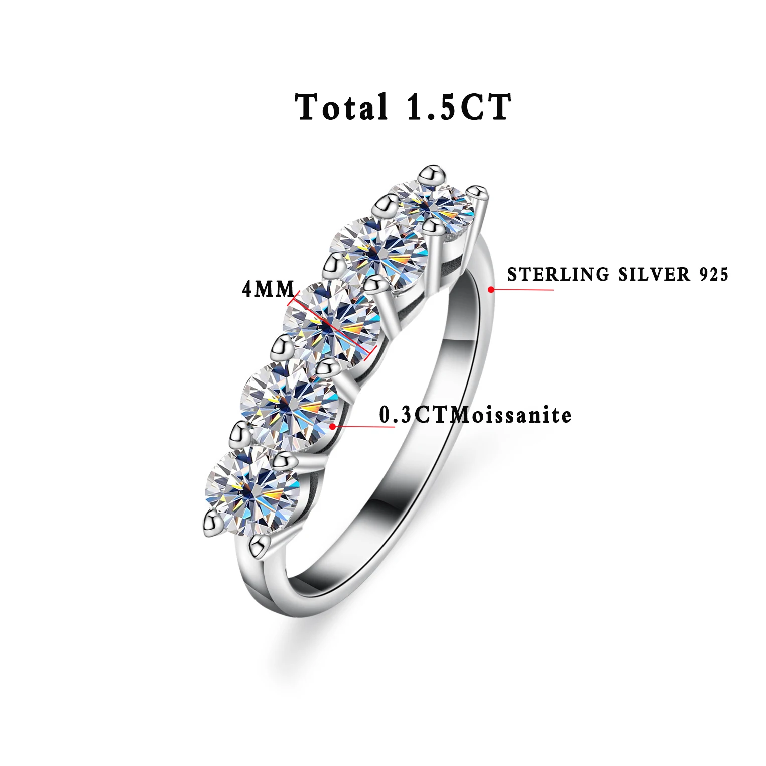 JOIAS HOME D Color 4mm Moissanite Women's Ring 1.5CT Moissanite Diamond Wedding Ring Bride S925 Sterling Silver Diamond Ring