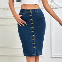 Women's One-Piece Button-Up Multi-Pocket Bodycon Denim Skirt Elastic Waist Midi Skirt Cotton Material No Decoration