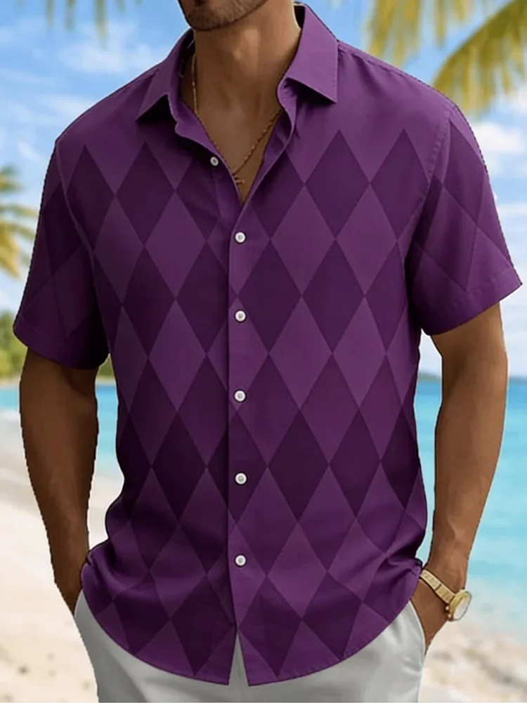 Hot Selling Men's Color Blocked Diamond Printed Short Sleeved Shirt Summer Casual Vacation Simple Shirt Loose Top