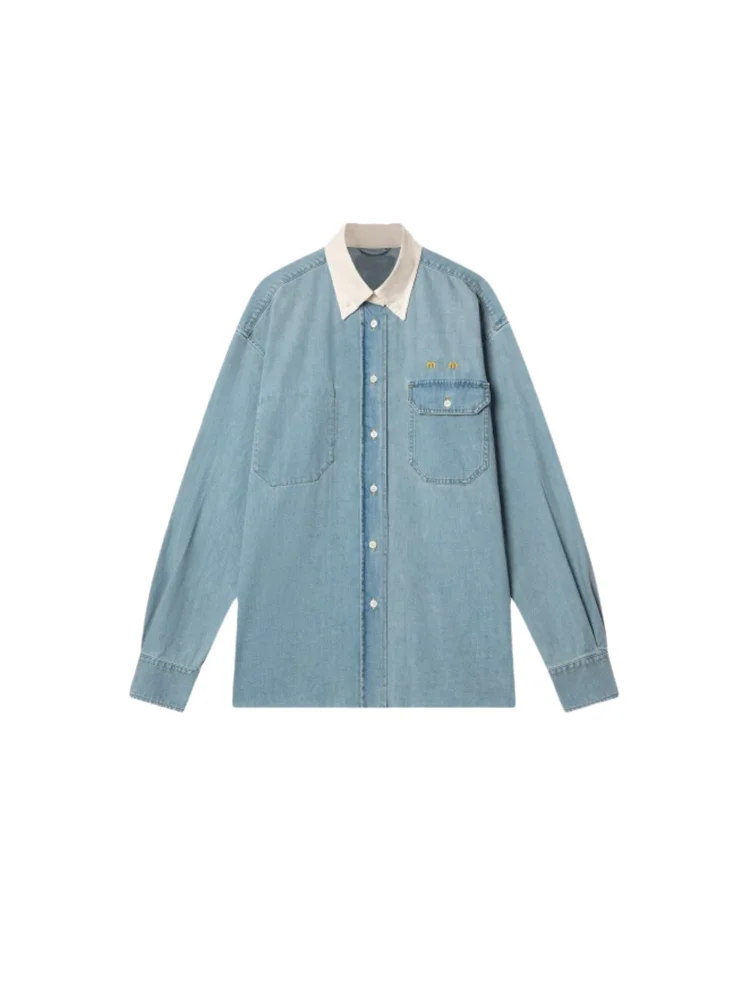 

South Oil Fashion Summer 2026 New Letter Embroidery Color Block Collar Denim Shirt High Waist Long Pants Set Women Casual Sty...