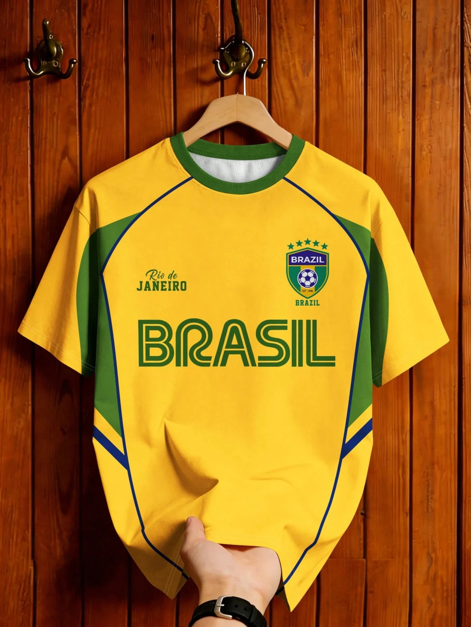Women Summer T Shirt Yellow Green Brazil Soccer Themed Contrast Panel Short Sleeve Round Neck Relaxed Fit Street Daily Wear Top