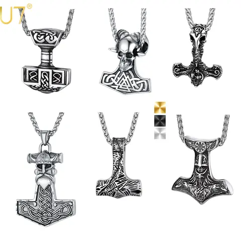 U7 Thor's Hammer Necklaces Celtic Viking Valknut Odin Helmet Goat Head Pendant & Chain for Men Cool Skeleton Gothic Jewelry Gift