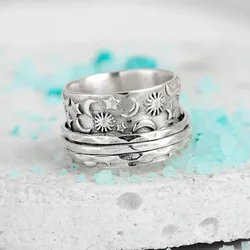 Funny Sun Moon Star Pattern Carved Wide Rings for Women Metal Antique Silver Color Hip Hop Accessories Retro Girl Jewelry