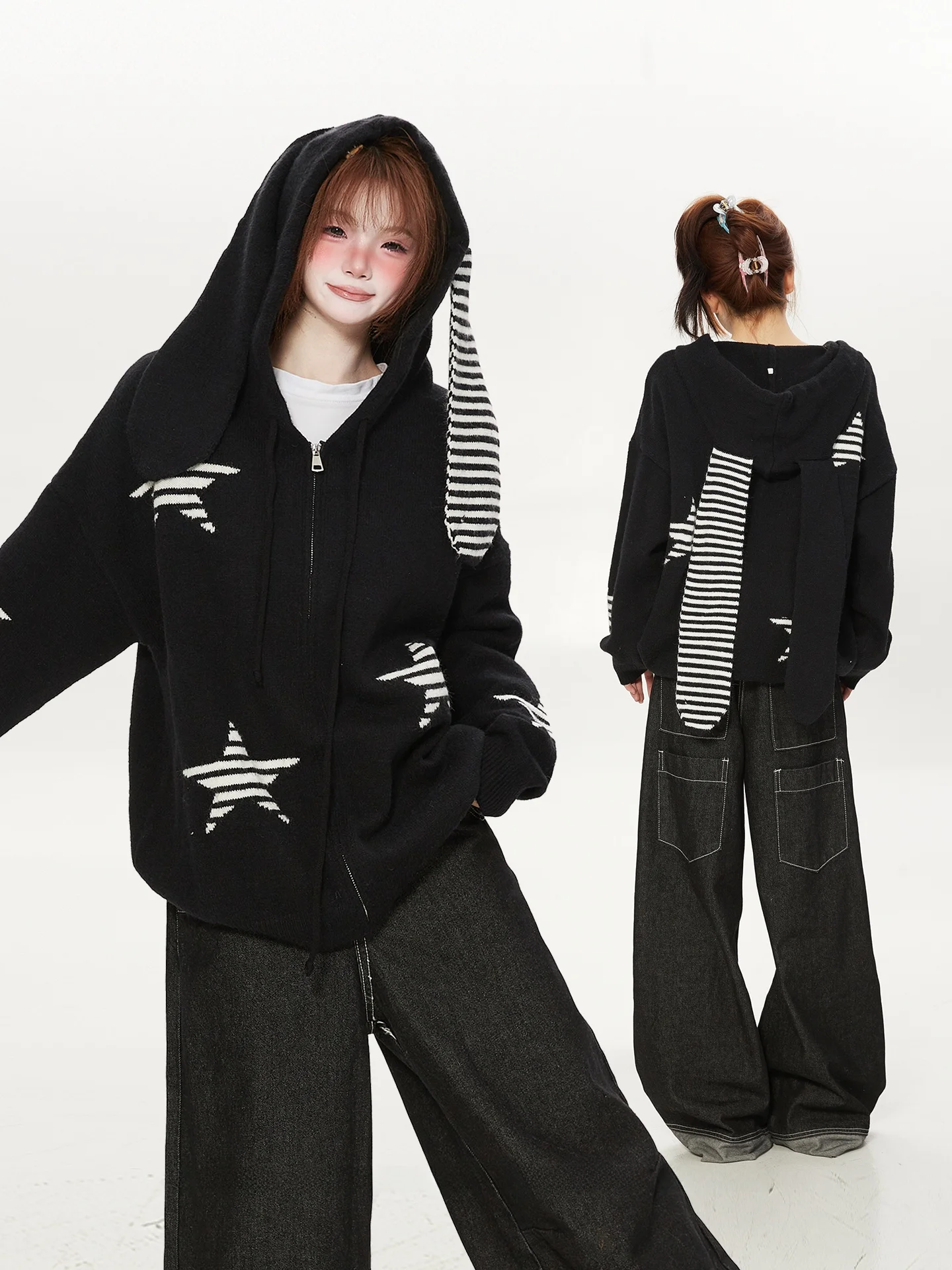 

Lazy Sle Striped Rabbit Ear Hoodie Women's Knitted Sweater Jaet Y2K Fall Winter New Arrival Comfortable Loose Fit Cardigan