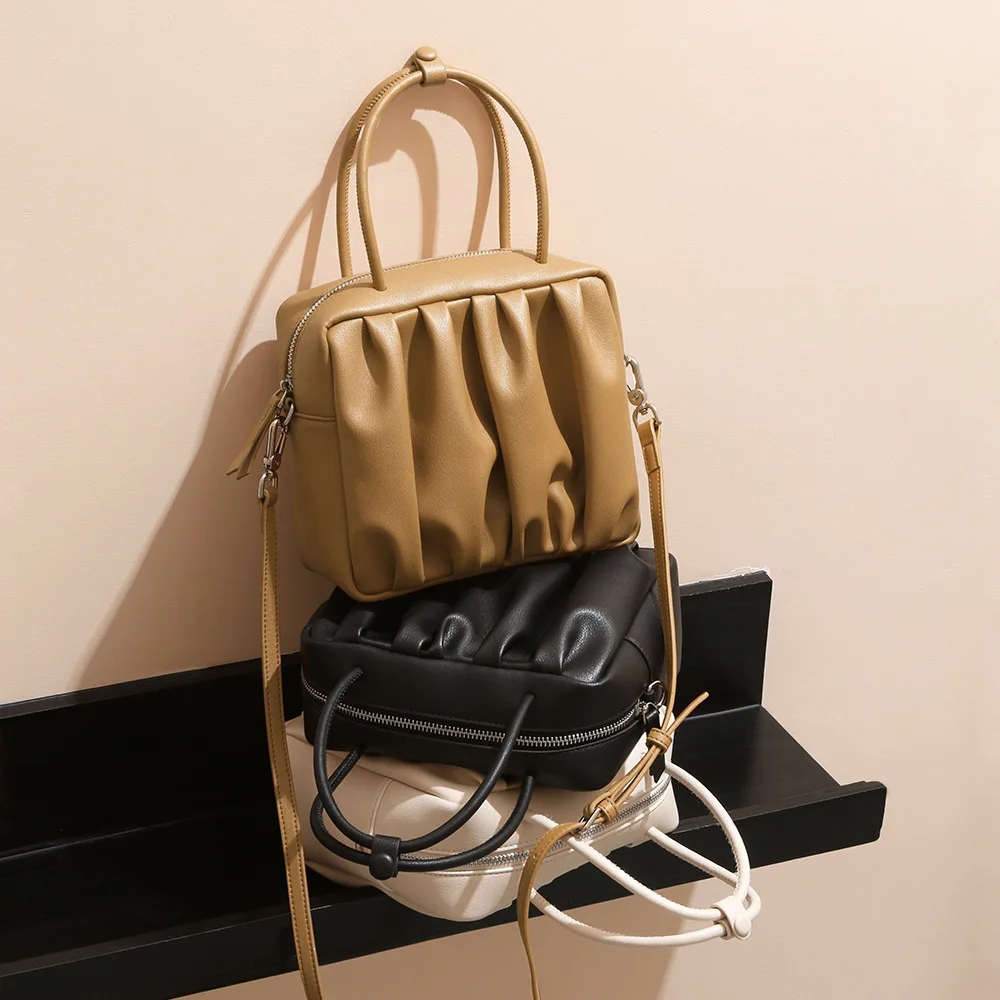 

New Lazy Style Pleated Cloud Bag Niche Design Fashionable Soft Small Square Bag High-end Leather Handbag Women Top-handle Bags