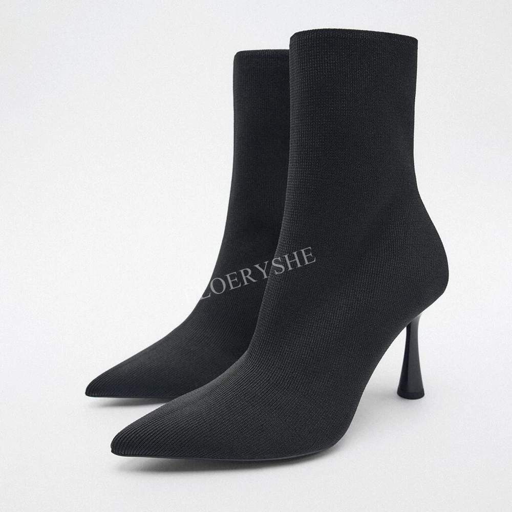 Schwarz gestrickte Stretch-Stiefeletten Neuankömmling solide Frauen spitzen Zehen 8cm dünne High Heel Party Mode Frühling Herbst Schuhe