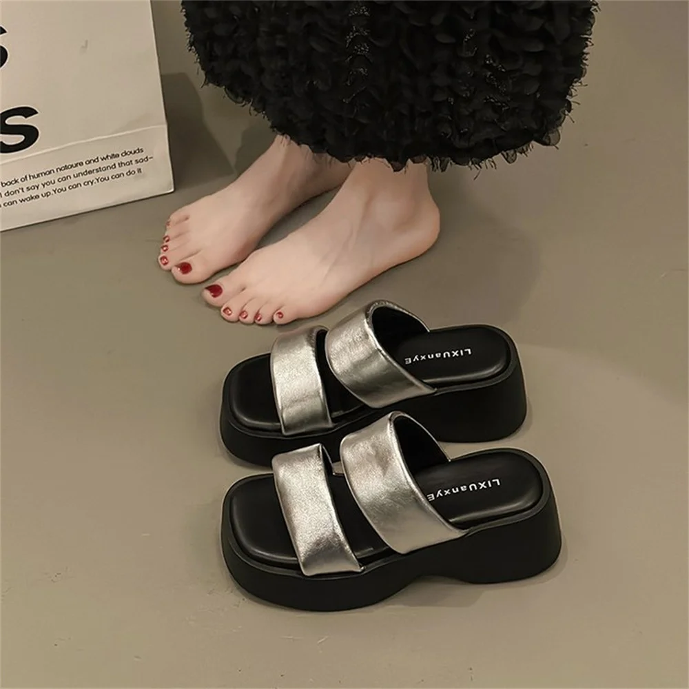 

Double Strap 2024 New Slippers Summer Outdoor Thick Soft Sole Elevated Beach Slippers Woven Roman Sandals Waterproof Platform-4