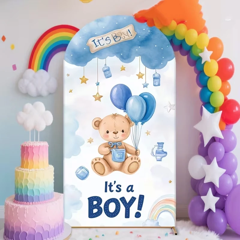 Custom 2-sided It's a Boy Baby Shower Party Background Teddy Bear Themed Gender Reveal Backdrop Blue Balloons Arch Supplies