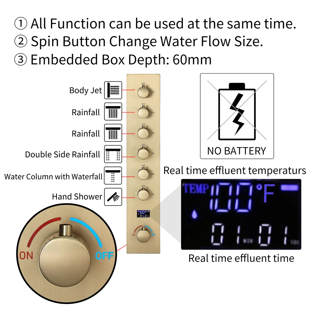 Torneira de Chuveiro para Banheiro com LED e Música, Cabeça de Chuveiro de 36*12 Polegadas com Display de Temperatura e Corpo Principal em Latão