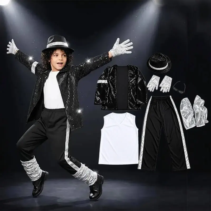 Halloween Michael Jackson Costumes Kid Men Set 80s 90s Pop Star Dance Party Outfit Coat+Pant+T Shirt+Glasses+Gloves 6PCS
