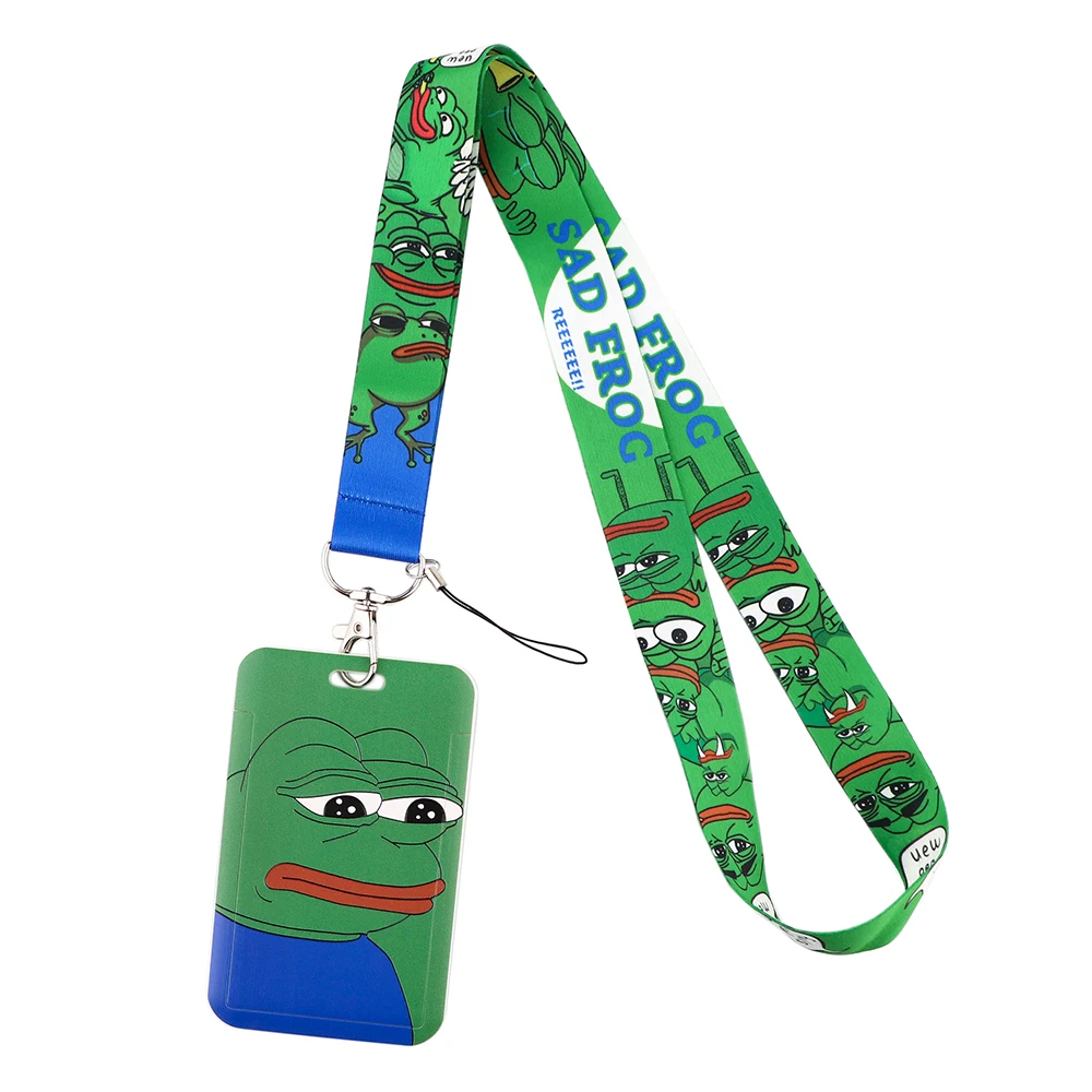 ER723 Green Sad Frog Cartoon Lanyards ID Badge Holder Bus Pass Case Cover Slip Bank Credit Card Holder Strap Cardholder Jewelry