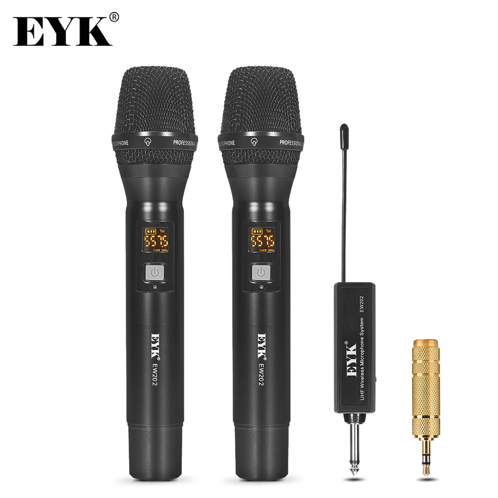 EYK EW202 UHF 2 Channels Wireless Microphone System with Metal Recording Karaoke Handheld Mic Rechargeable Receiver 50m Receive