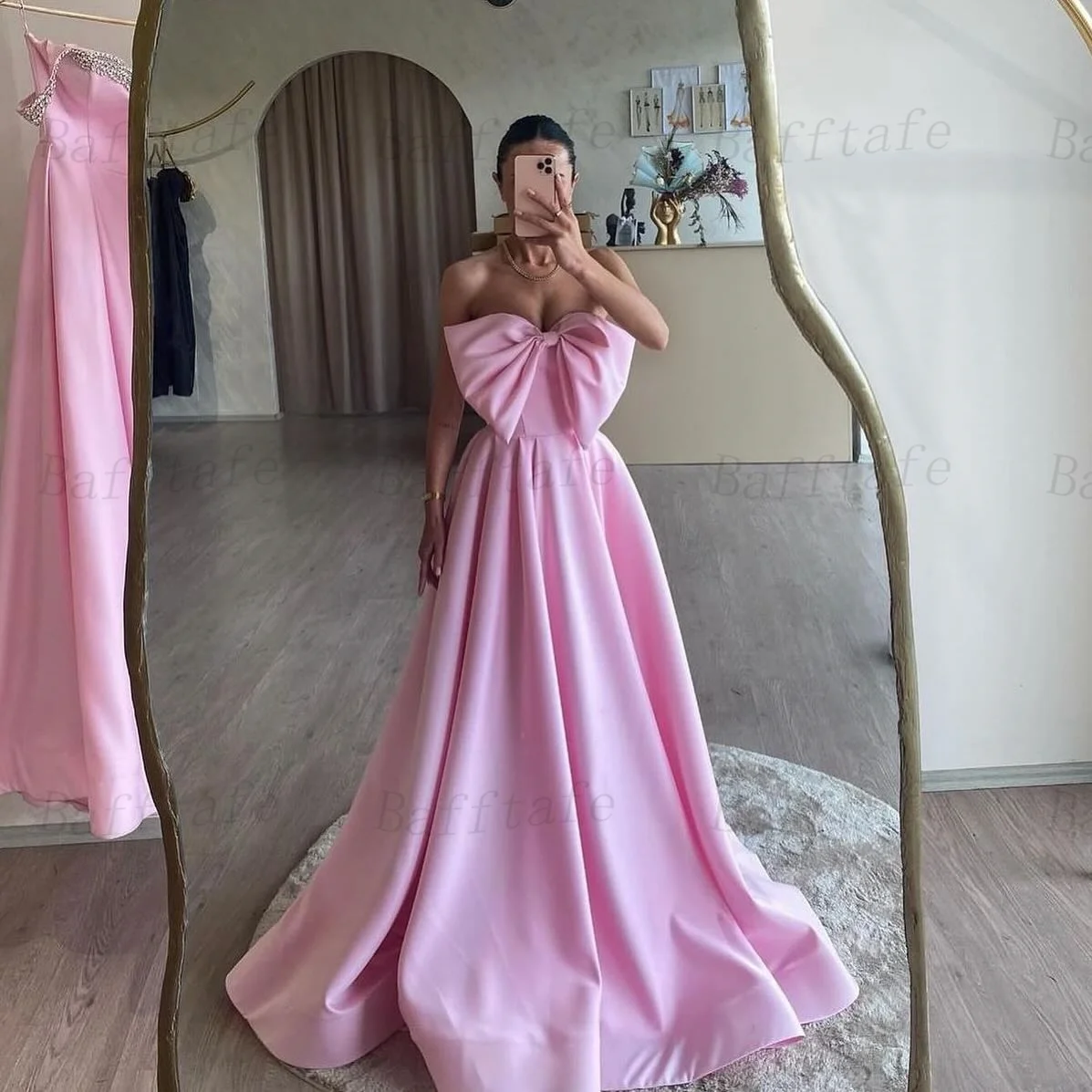 Bafftafe Pink Satin Formal Party Prom Dresses Bow Wedding Gowns Special Occasion Sweep Train Women Evening Dress Customized