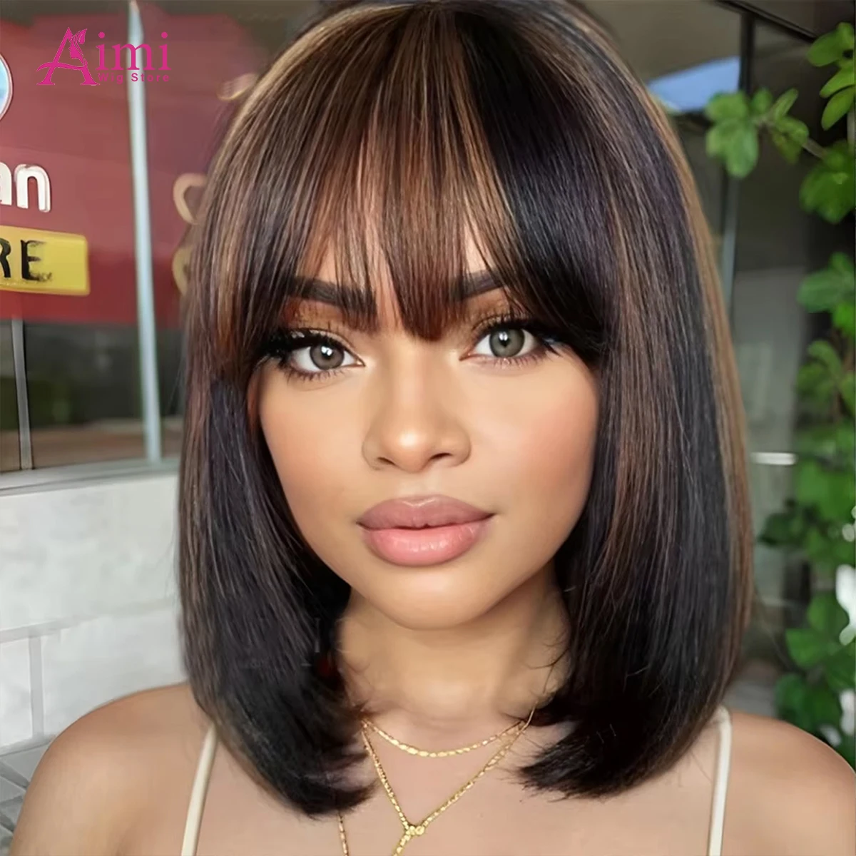 14 Polegada destaque marrom curto osso em linha reta bob peruca de cabelo humano com franja 2x1 peruca do laço do couro cabeludo 100% cabelo humano brasileiro para mulher