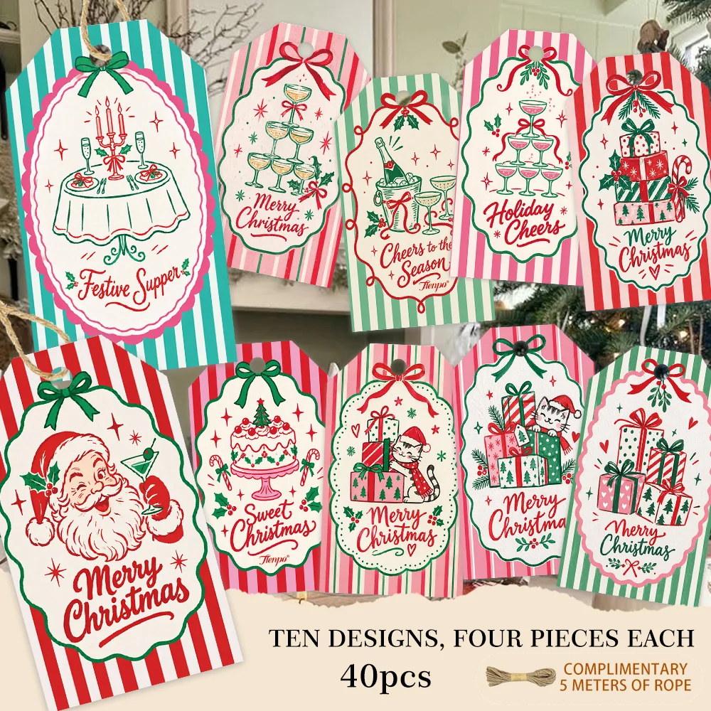 40pcs, Gift Tags, Retro Red Green Pink Stripes, Hanging Paper Labels for Gift Wrapping, Holiday Party Decor with String