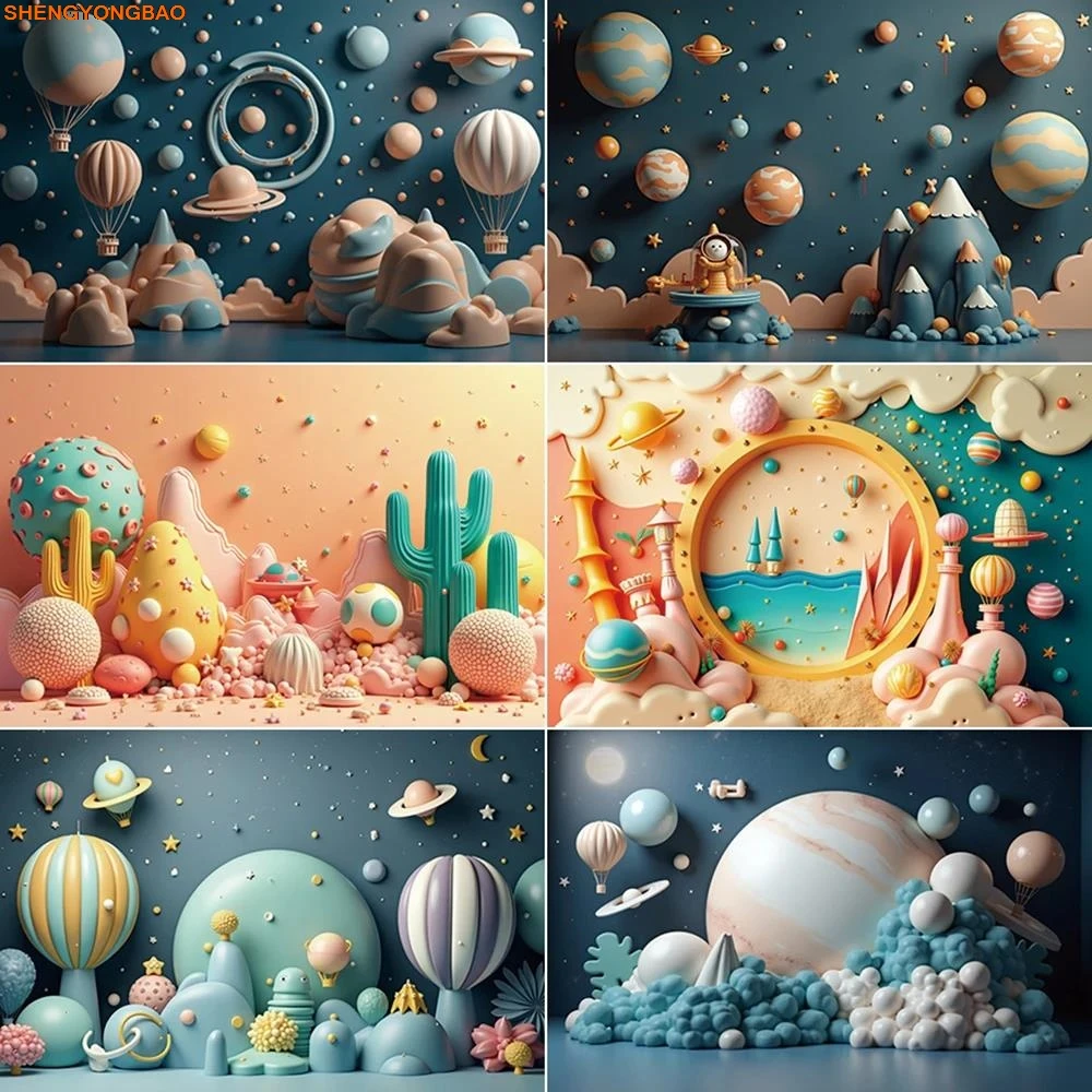 

3D Cartoon Birthday Photography Backdrop Interstellar Travel Planet Astronaut Photozone Background Baby Studio Photocall