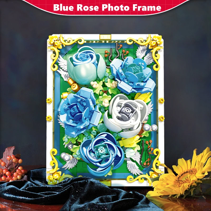 

Blue Rose flower bouquet Building blocks JJ9029 651pcs MOC Ideas 3D Eternal Flower Plant Artistic Photo Frame Model Bricks Toys