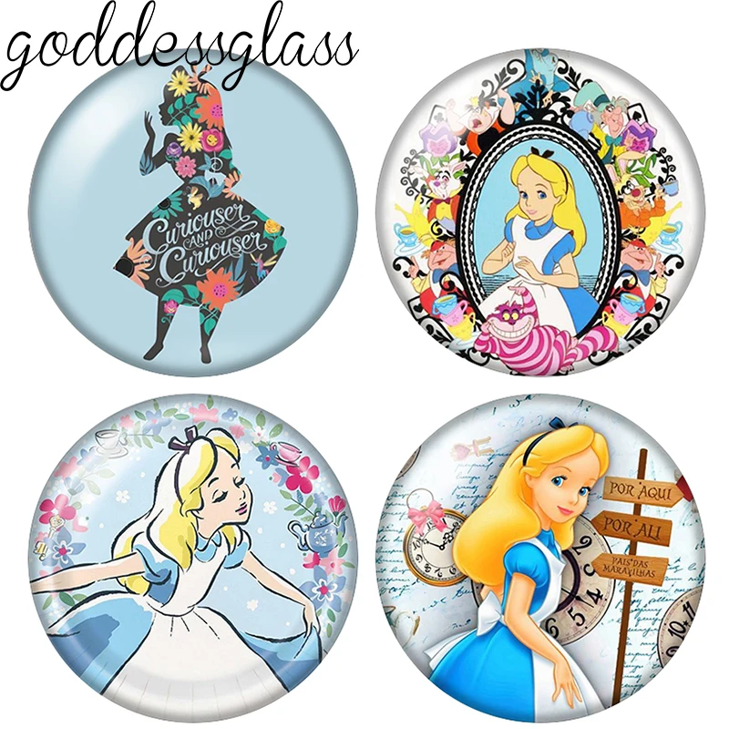 Alice im Wunderland Spiegeluhr Kaninchen Katze 12mm/18mm/20mm Fotoglas-Cabochon mit flacher Rückseite zur Herstellung von Schlüsselanhänger-Schmuck