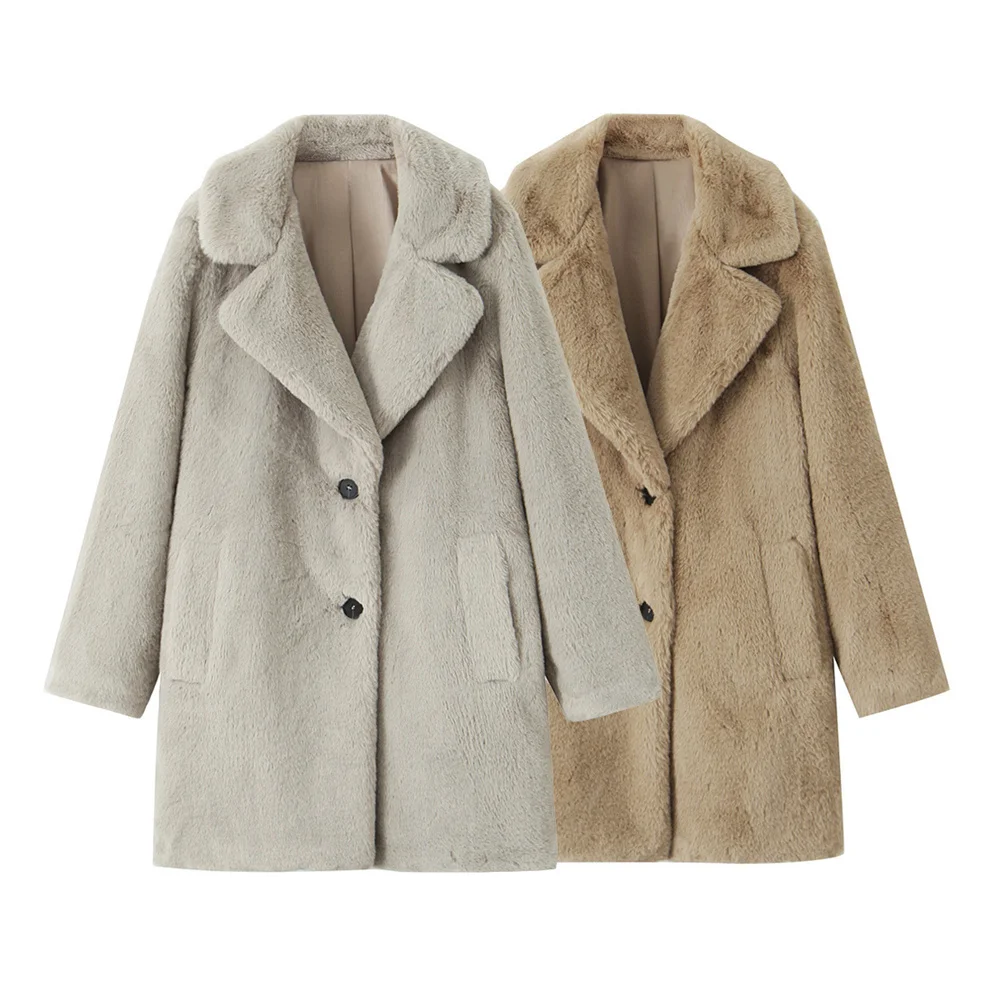 

BM&MD&ZA2024 autumn and winter women's new fashion lapel long-sleeved loose artificial fur effect coat mid-length coat