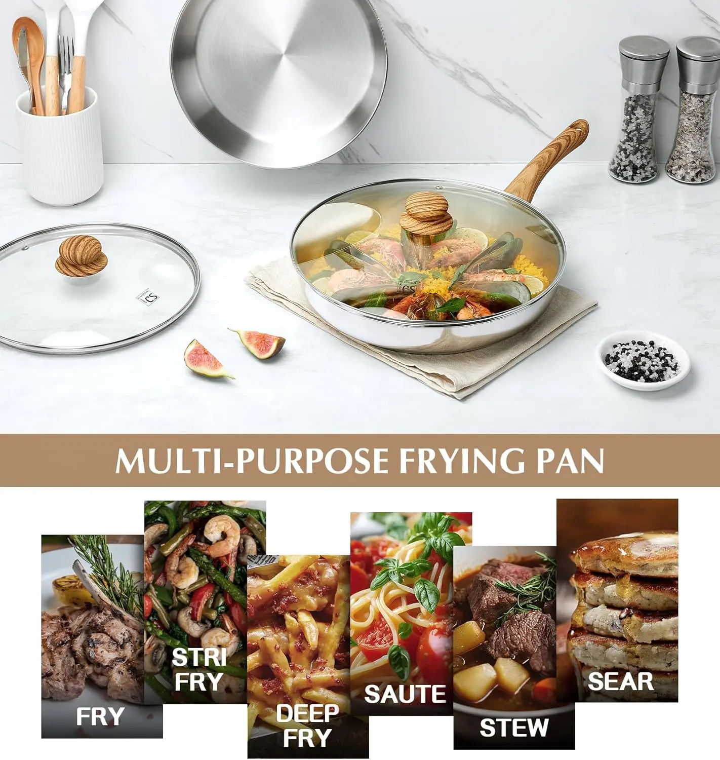 

KOCH SYSTEME CS Stainless Steel Pan 12 Inch, Stainless Steel Frying Pan with Lid for Professional Cooking, Induction Compatible