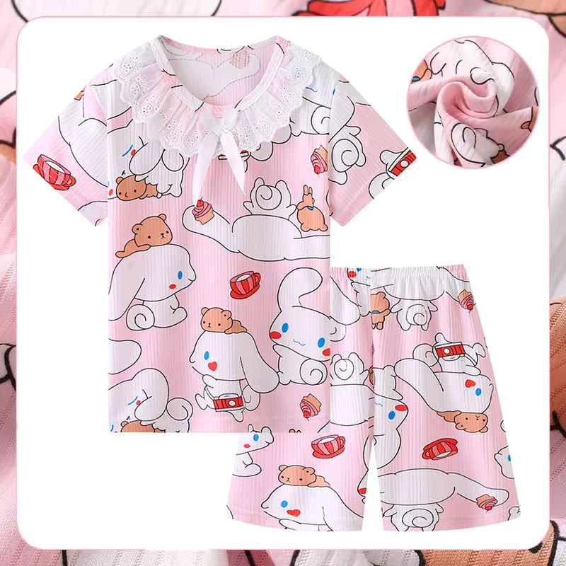 Girls' Pajamas, Summer Short Sleeved Shorts Two-piece Set, Jacquard Cartoon Cute Children's Home Clothing