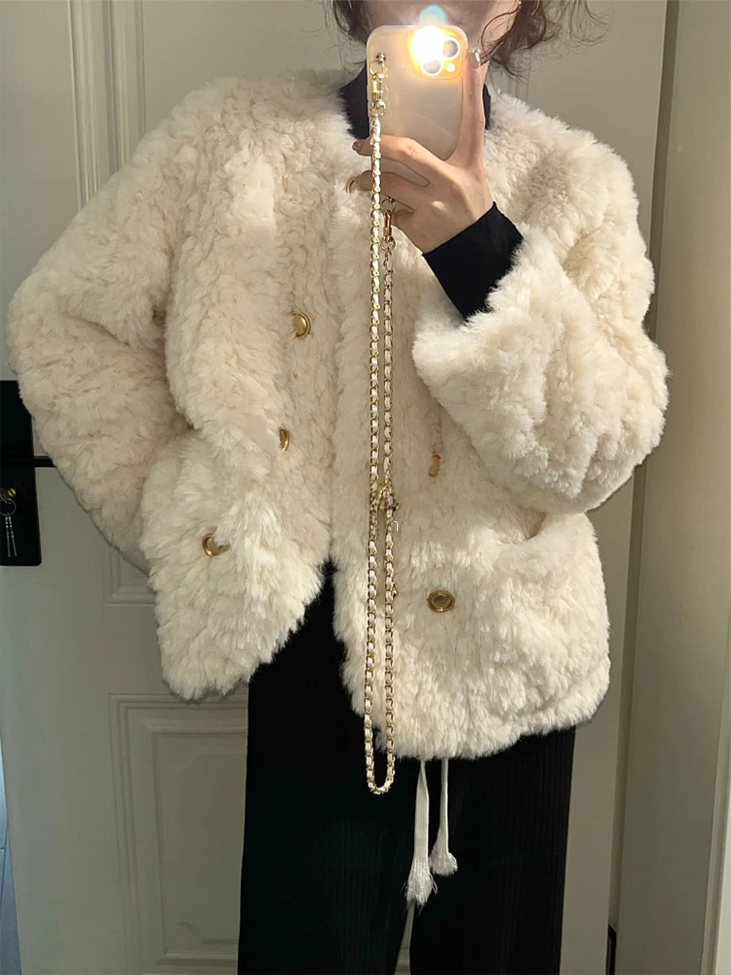 

Rouje Kefss Lamb Fur Jacket Loose Thick White Cotton Coat for Women Winter New Style Commute Straight Tube Casual Thickened