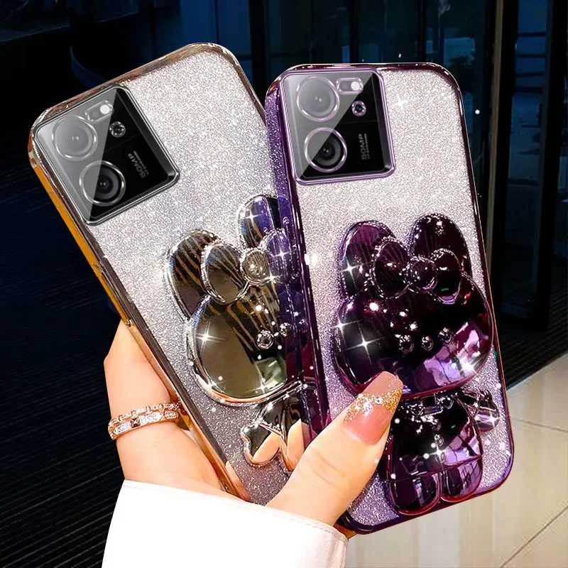 Luxury Glitter Plating Rabbit Holder Mirror Case for Redmi A3 13C 12 10 C R Note 13 Pro Plus 4G 5G  Shockproof Cover