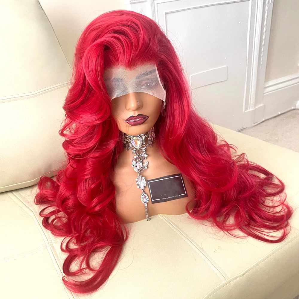 Perruque Lace Front Wig ondulée synthétique rouge vif, magnifique et rebondisnoyaux, perruque optique, superbe perruque de cheveux humains de luxe