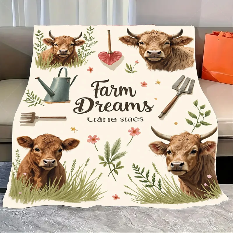 

1pc Flannel Blanket Rustic Farm Dreams Blanket with Cows, Flowers & Tools for Cozy Nights