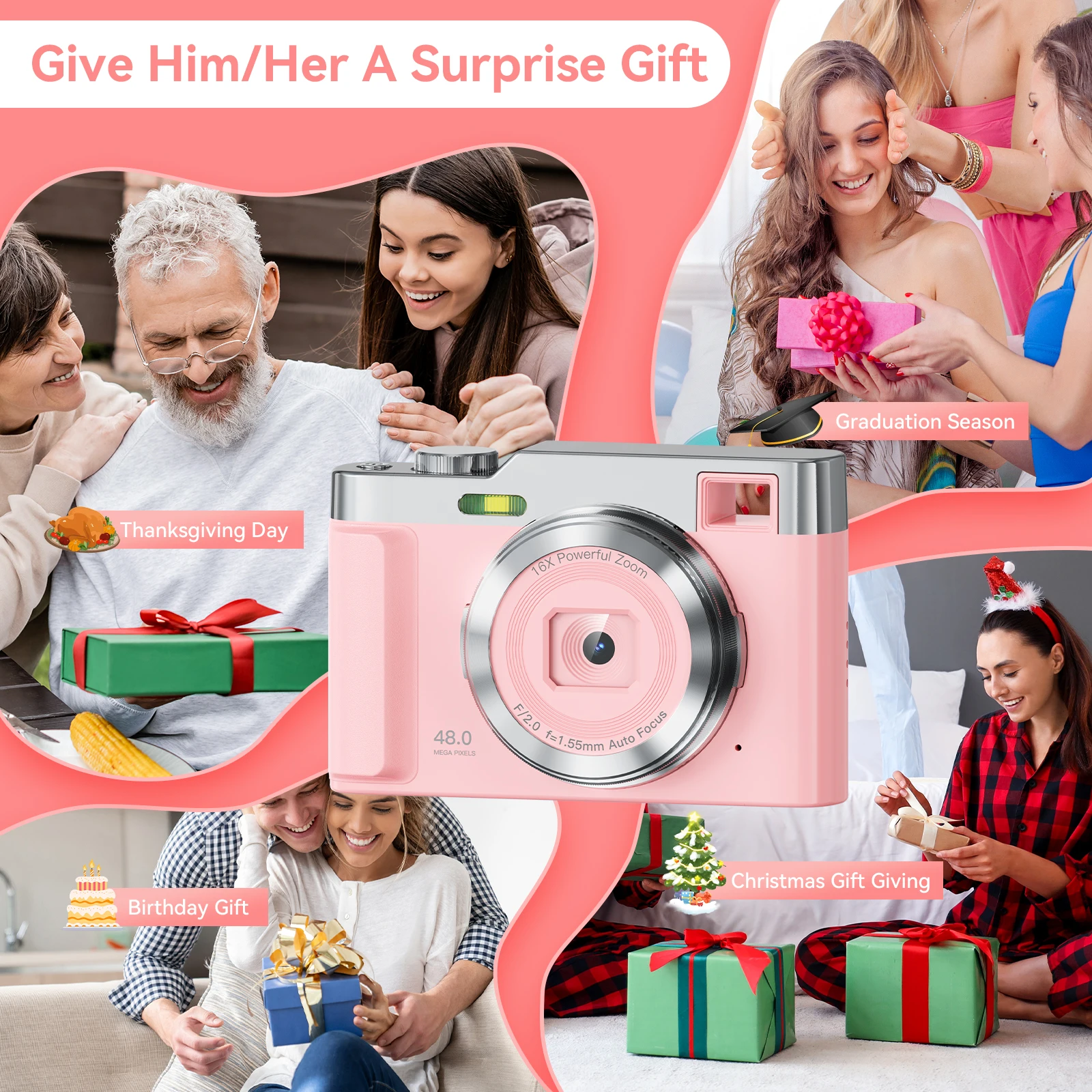 กล้องถ่ายภาพดิจิตอล 16X ซูมดิจิตอล Vintage Vlog เครื่องบันทึกวิดีโอ 4K 50 ล้านพิกเซลหน้าจอ 2.4 นิ้วสําหรับของขวัญเด็กผู้หญิง