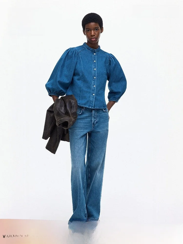 

Spring New Women's Denim irt Slim Fit Cotton Button round Ne ort Sve Vintage Sle H&M 32369