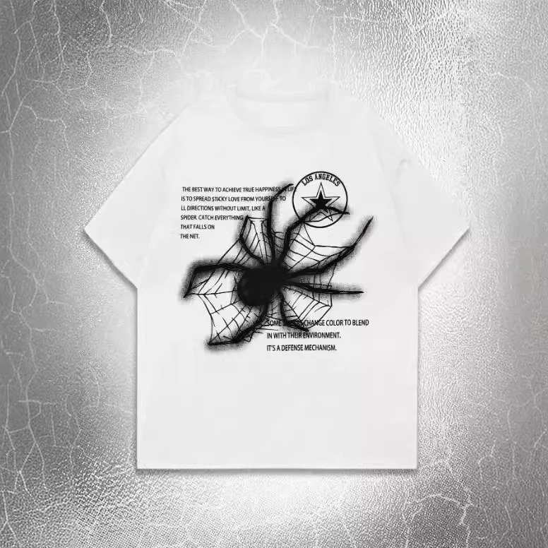 

Punk Y2K Short Sleeved Men's Spider Graphic Print Gothic Round Neck Pullover Loose and Comfortable Casual Tshirt for Summer Boys