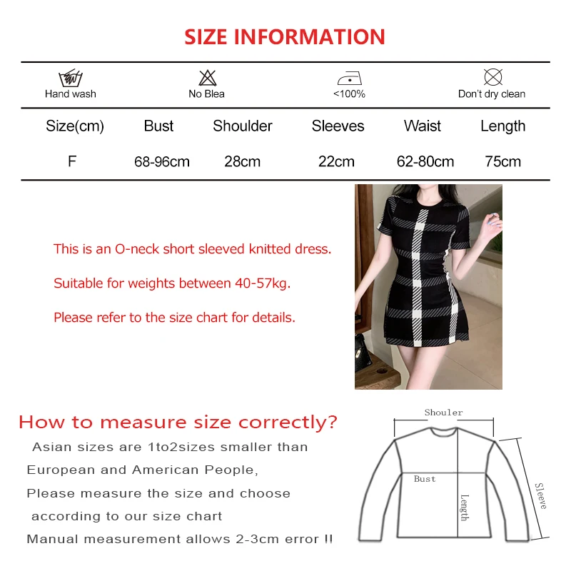 Women Casual Elastic O-neck Short Sleeved Dress Black White Plaid Pattern Knit Dress Comfortable Simple Mid-Length Dress Summer