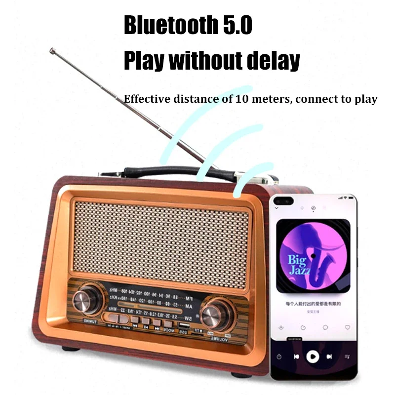 Imagem -05 - Portátil Retro Bluetooth Rádio Multifunções Caixa de Madeira Receptor de Rádio am fm sw Bluetooth Alto-falante Aux Usb tf Mp3 Móvel