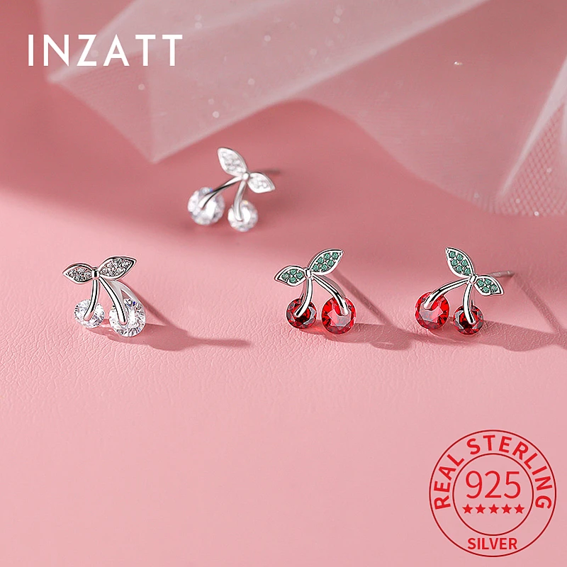 INZATT Real 925 Sterling Silver Zircon Cherry Stud Earrings for Fashion Women Cute Plant Fine Jewelry Minimalist Accessories