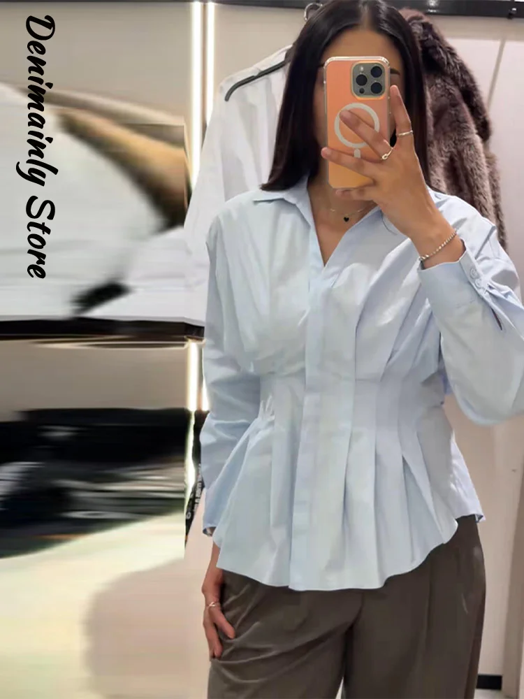 

Новая модная женская блузка с плиссировкой и пуговицами, однобортная, с отложным воротником, приталенная, для офиса, весна 2026