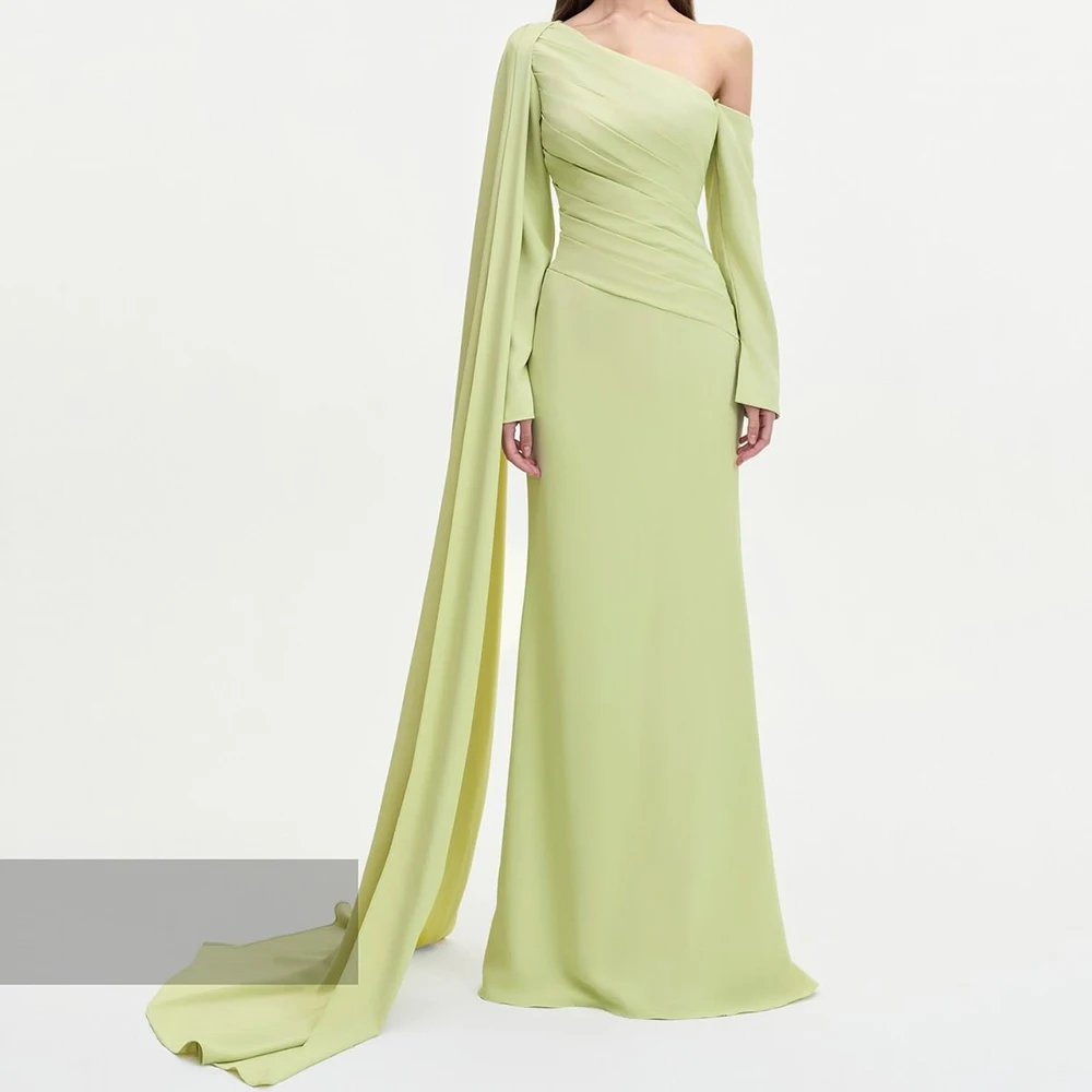 

Customized A-line Evening Dresses Floor-length One-shoulder Full Sleeve Prom Gown Fashion Pleat Simple Stole Draped Party Gown