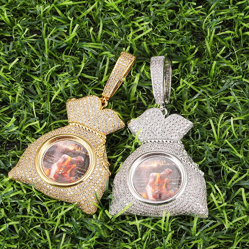 D&Z Custom Made Photo Money Bag Pendant Necklace Paved Iced Out CZ Stones Hip Hop Jewelry Personalized Chains Gift For Family