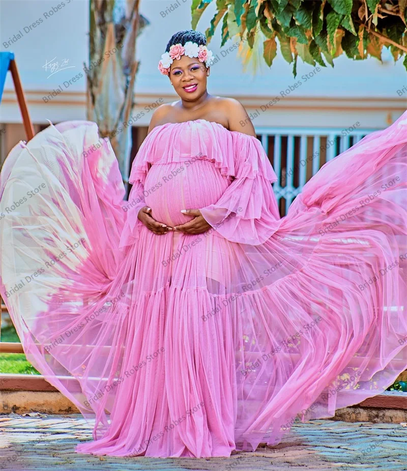 

Pink Tulle Women Pregnant Pajamas Bridal Wedding Dresses Photo Shoot Plus Size Custom Made Full Sleeve Prom Party Robe