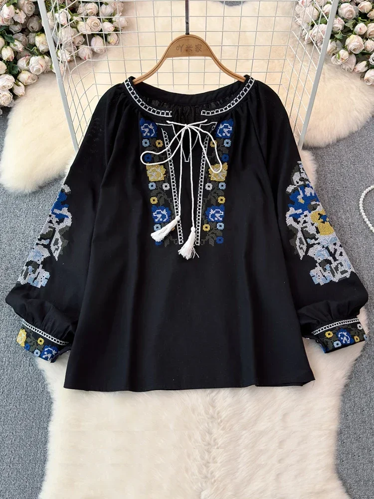 2024 Spring Retro Embroidered Shirt Top Female Lace Up Tassel Loose Lantern Sleeves Ethnic Style Blouse Female A70